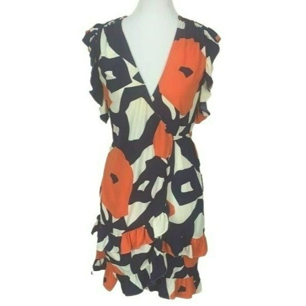 Ali Ro Woman's Orange Blue‎ Abstract Wrap Dress Size 2
